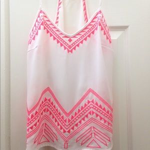 Neon pink geometric embroidered tank top